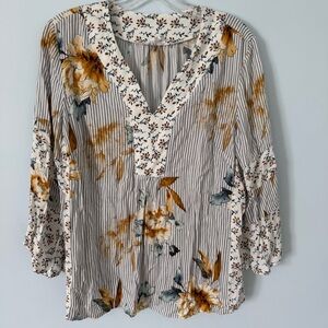 Tribal Jeans Boho Print Long Sleeve Blouse Floral & Stripes  VNeck M
